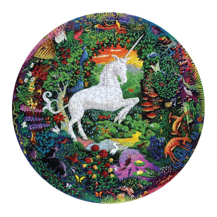 Completed puzzle of a white unicorn rearing up in the center of a colorful garden with animals