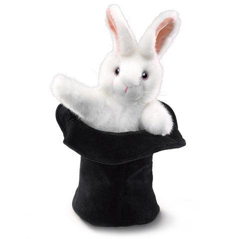 Front view of the rabbit in a hat puppet. 