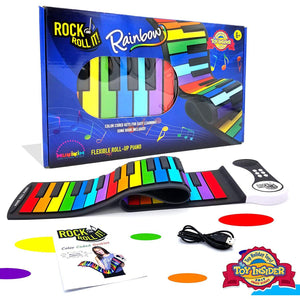 Front view of the contents included with the roll up piano. Including the piano, power cord, and song booklet. All in front of the box it comes in. 