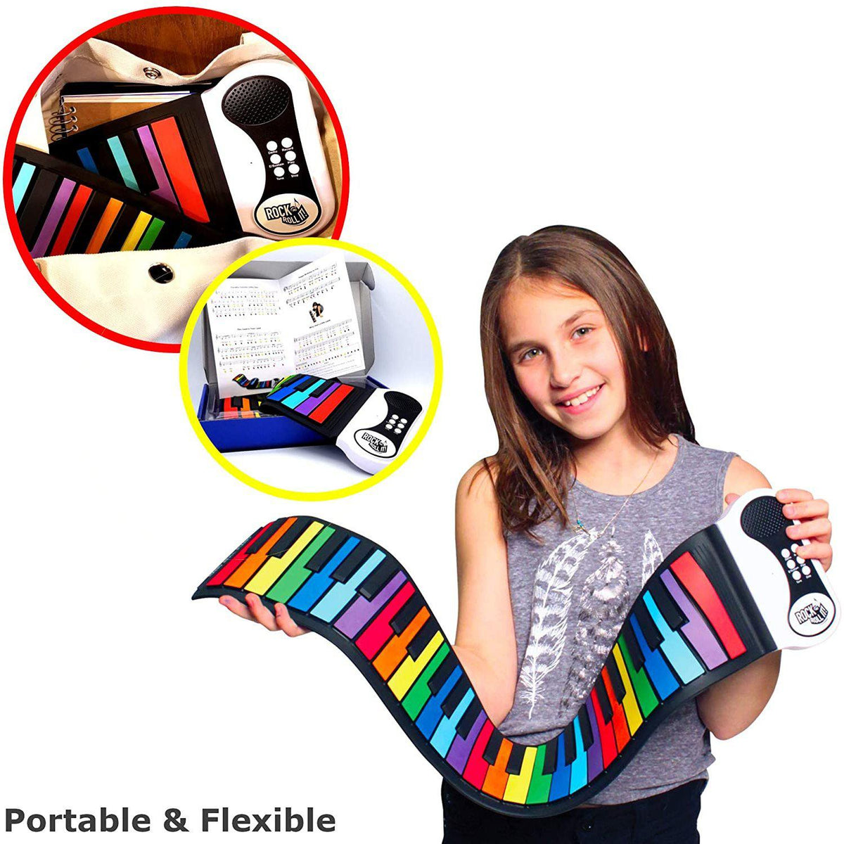 Front view of a child holding the roll up piano. 2 smaller photos in the corner show the piano placed inside a bag, and the contents of the box.