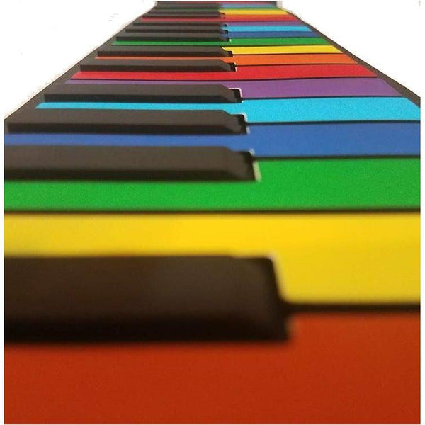 Close-up side view of the roll up piano, showing off the colored keys.