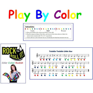 Front view of examples showing the play by color song book, and how to read the music.