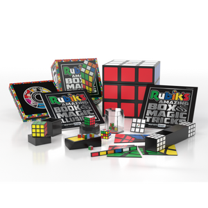 Front view of everything included in the rubik's magic set.