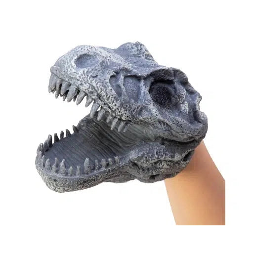 Front view of a Dino skull hand puppet in use. 