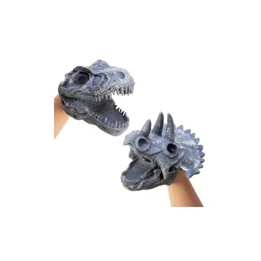 Front view of the Dino skull hand puppets in use. 