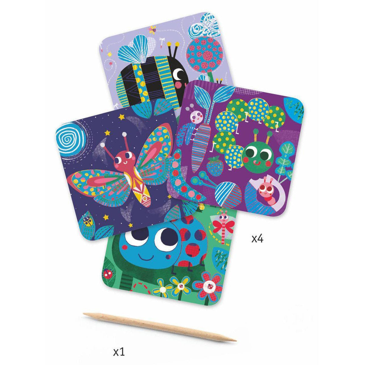 Front view of the 4 illustrations in the Bug Scratch Cards completed.