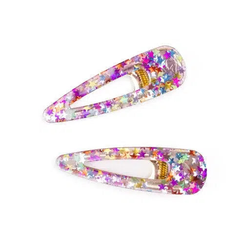 Two hair clips transparent with multicolor stars suspended .