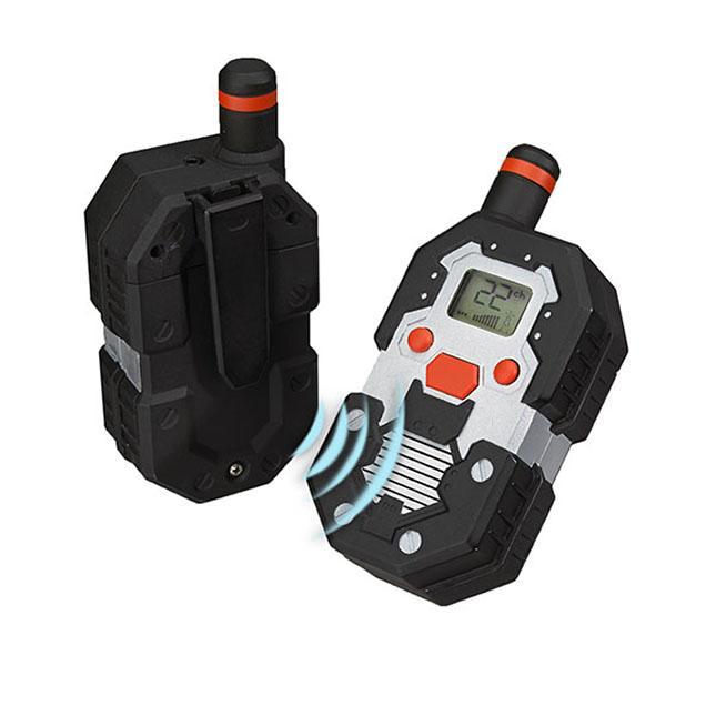 Front view of a person using one of the walkie talkies. 