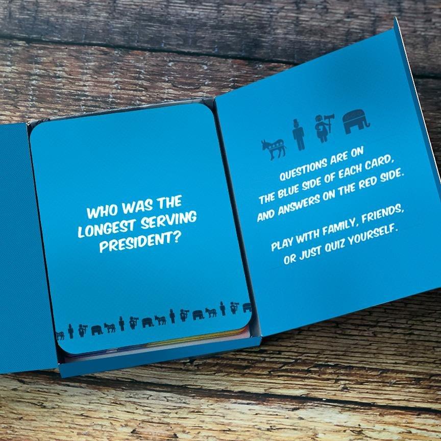 U.S. Trivia Cards open box with sample question