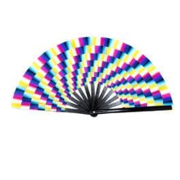 A warped yellow pink and blue print is on the front of the foldable fan which has black sticks