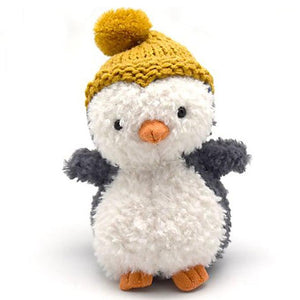 Front view of Jellycat winter penguin wearing a mustard ski cap.