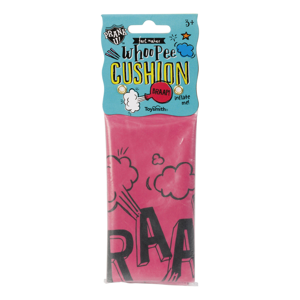 Front view of the whoopee cushion in its packaging.